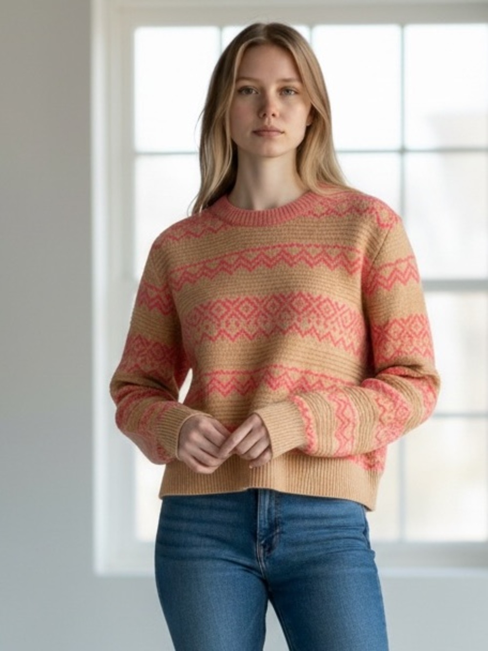 NWT &Merci Pink Taupe Fair Isle Nordic Geometric Soft Knit Sweater